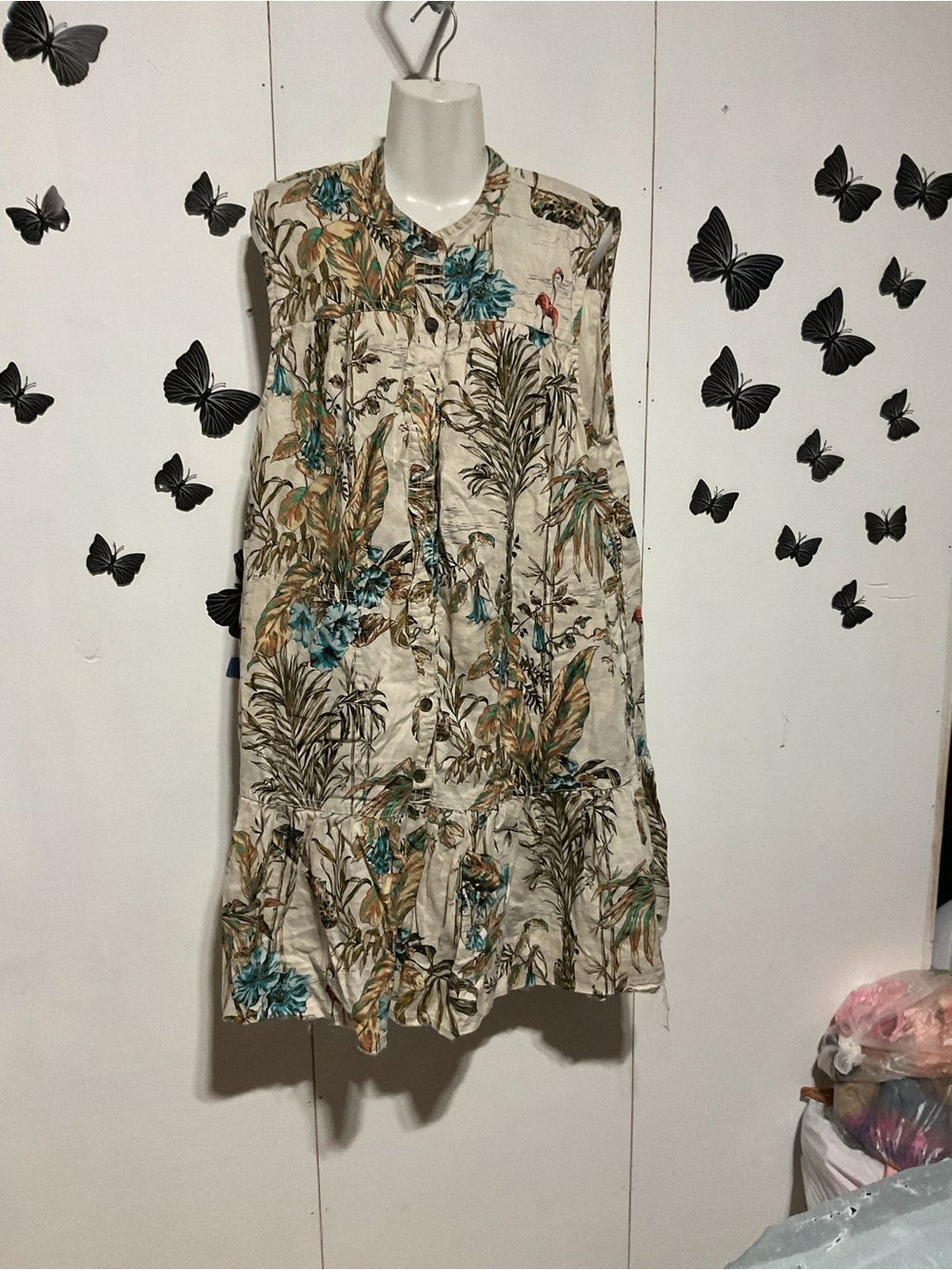 Sleeveless Cream Floral Button-Front Sundress